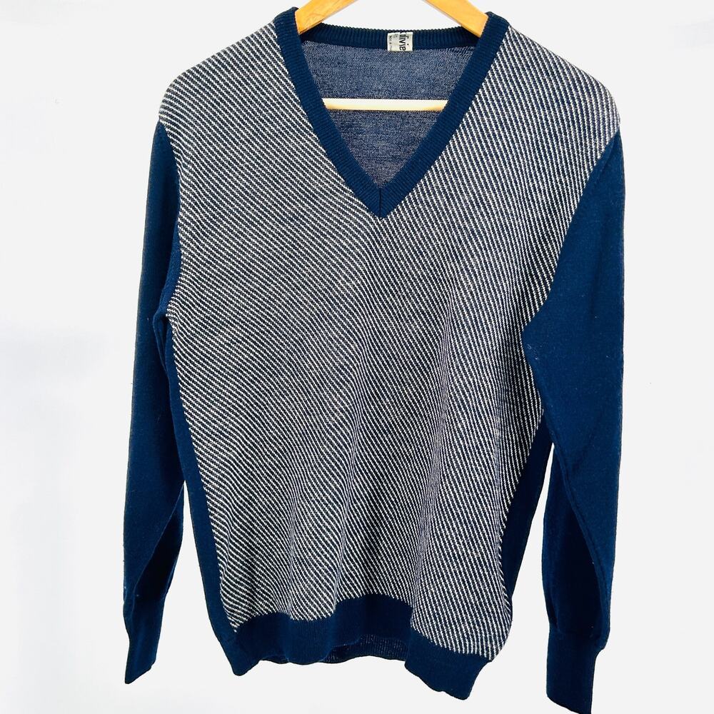 Vintage 80s Franck Olivier Paris Navy Blue Wool Blend Striped V Neck Sweater